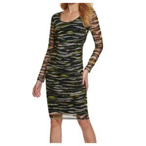 DKNY Bodycon Mesh Ruched Dress Green Black Size XS NWOT